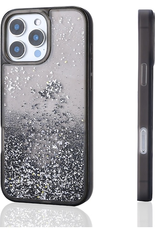 Goocamp Apple iPhone Uyumlu 14 Pro Max Kılıf Sıvılı Simli Şeffaf Arka Yüzey Keto Silikon Kapak - Siyah