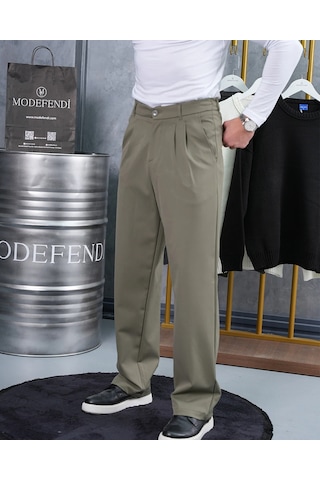 Modefendi Baggy Kesim Pile Detaylı Kumaş Pantolon Haki