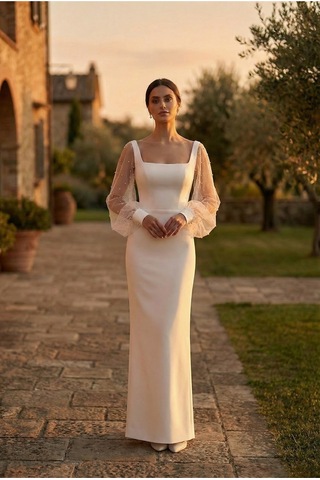 Berissima Bride İnci Detaylı Balon Kol Nikah Elbisesi, Kare Yaka, Kırık Beyaz, Maxi Yırtmaçlı Etek, Celia Kırık Beyaz Kırık Beyaz
