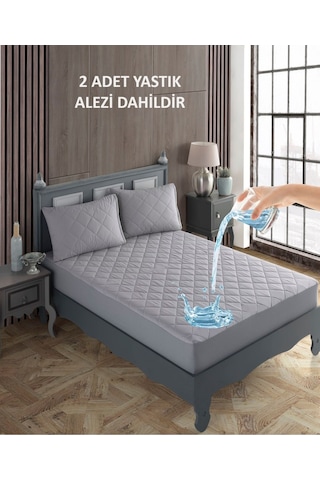 Çift Kişilik Yatak Ve Yastık Alez Seti %100 Pamuk Kapitone Sıvı Geçirmez Yatak Ve Yastık Alez Seti Gri