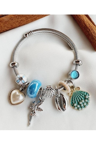 Artepieza Gümüş Renk Mavi Deniz Kabuğu Charmlı Çelik Bileklik