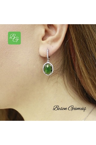 Etrafı Zirkon Taşlı Oval Yeşil Taşlı Set Rose Gold - Gümüş