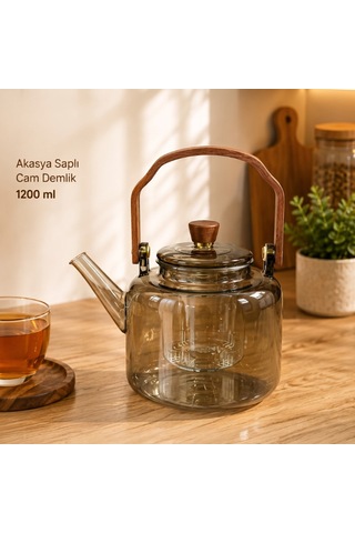 Akasya Saplı Demlik - 1200 Ml - Borosilikat Cam Sarı
