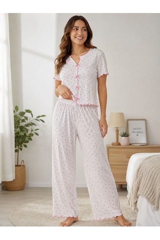 Kadın Kurdele Detaylı Desenli Kısa Kollu Pijama Takım Abeyaz