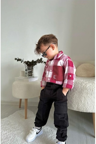 Minaz Baby Kareli Gömlek Pantolon Takım Kırmızı - Siyah