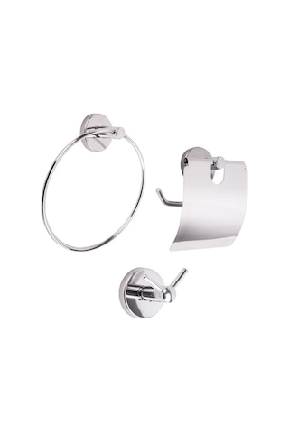 Vidalı Lavabo Banyo Wc Bez Havlu, Çatal Askı Ve Tuvalet Kağıtlık 3'lü Set Krom Metal Metal