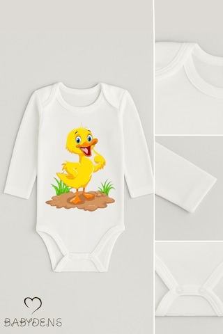 Babyden's Sevimli Hayvan Figürlü %100 Pamuk Uzun Kollu Çıtçıtlı Bebek Body Ördek Beyaz