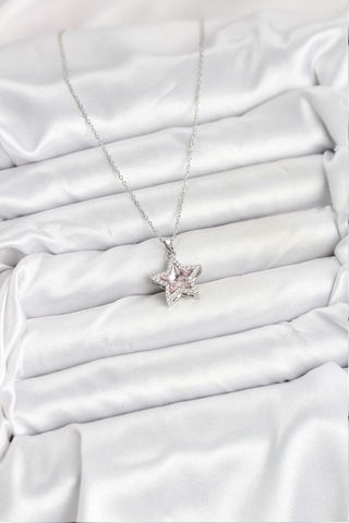 316l Çelik Zincir Gümüş Renk Pembe Taşlı Yıldız Model Kadın Kolye - Prt3500eb09343-95265 Gümüş