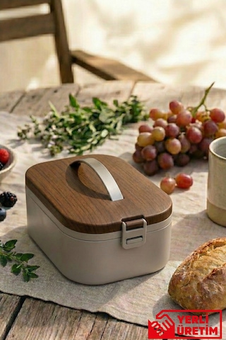 Lunchee - Çelik Bölmeli Sızdırmaz Ahşap Görünümlü Vakum Kapaklı Yemek Kabı Lunchbox 650 Ml Gri