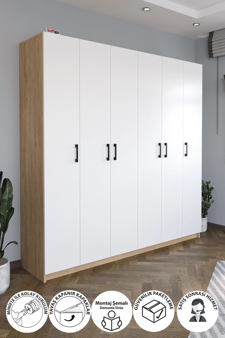 Bofigo 6 Kapaklı 16 Raflı Gardırop Elbise Dolabı 6 Kapaklı Gardırop Smyrna Safir Meşe Beyaz Kahverengi