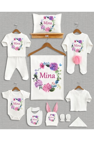 Ponponlu Tavşan Kulaklı İsme Özel 11 Parça Hastane Çıkışı Ekru