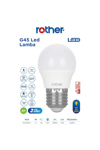 Rtl09121-10 Rother G45 Led Ampul 6w E27 470 Lümen 3000k Sarı Işık Enerji Tasarruflu Ampul 10 Adet