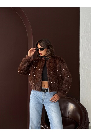 Verymoda Suni Kürk Bomber Ceket - İnci Detaylı Kahve