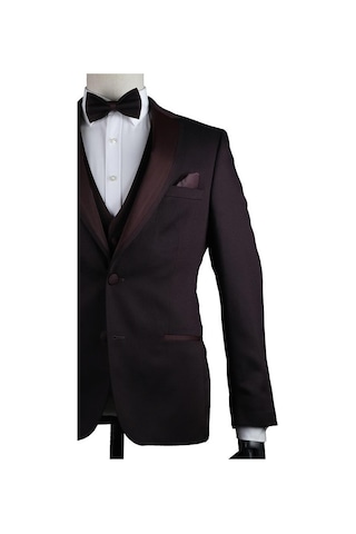 İmza Bordo Desenli Armürlü Mono Yaka Astarlı Yelekli 6 Drop Slim Fit Dar Kesim Smokin Damatlık 1001200937-Bordo