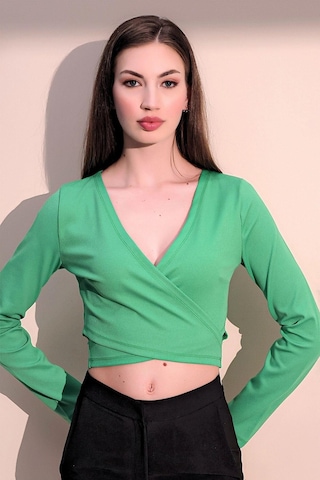 WeShaya Kadın Yeşil Uzun Kol Yeni Tarz Kruvaze, Kaşkorse, Likralı Crop Bluz Yeşil
