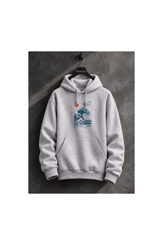 North Whiskers Hokkaido Dalga Baskılı Unisex Hoodie Japon Sanatı Temalı Kapüşonlu Sweatshirt Gri - 929992297 Gri - 929992297 Gri