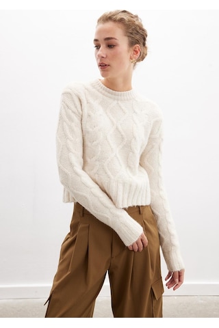 Peraluna Adelıne Sweater Bisiklet Yaka Saç Örgü Kadın Triko Kazak - Ekru-ekru Ekru