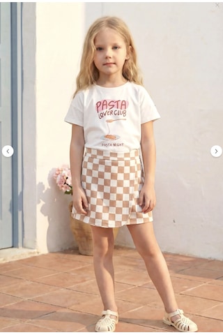 Magu Kız Çocuk Pamuklu Pasta Baskılı T-shirt Kareli Etek Takım Çok Renkli