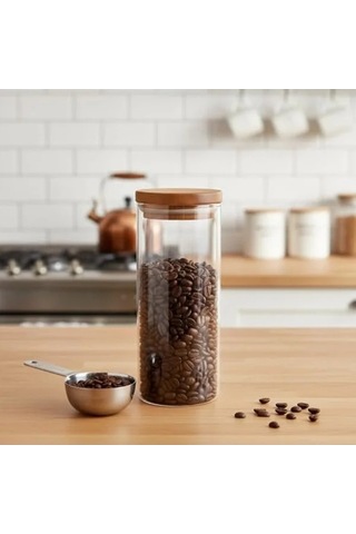 Borosilikat Cam Kavanoz, 350 Ml Kapasiteli Doğal Akasya Kapaklı Açık Kahverengi
