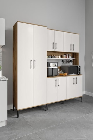 Plain Metal Ayak Metal Kulp Pla10190 Kahve Köşesi 10 Kapaklı Çok Amaçlı Dolap Erzak Dolabı Kiler Dolabı Saklama Dolabı Ekru Ceviz