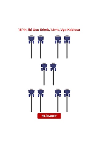 Hytech Hy-vga105, 15pin, İki Ucu Erkek, 1.5mt, Vga Kablosu 5li Paket
