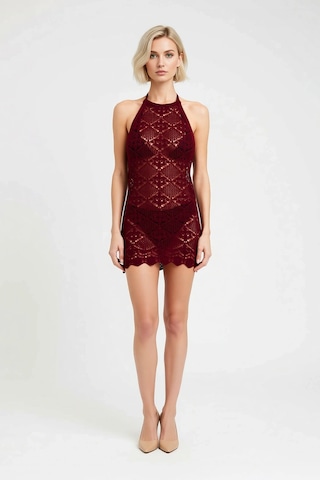 Benerly Kadın Halter Yaka Sırt Dekolteli Örme Mini Elbise Bodycon Kesim D Bordo