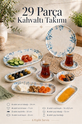 29 Parça Porselen Kahvaltı Takımı - Dijital Kabartma Desenli Bluetta 6 Kişilik Kahvaltı Servis Sunum Seti Çok Renkli