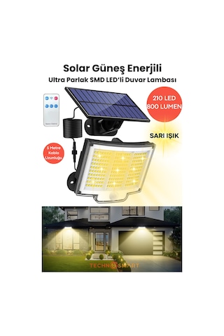 Technosmart Solar 220 Led 5m Kablolu, Ip65, Kumandalı, 3 Modlu, Güneş Enerjili Bahçe Aydınlatma Sarı