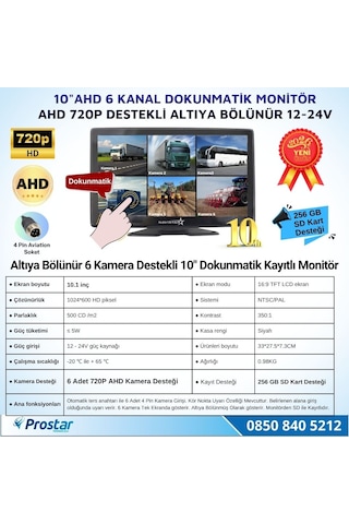 10 İnç 6 Kanal Dokunmatik Ahd 720p Kayıtlı Araç Monitörü 12-24v