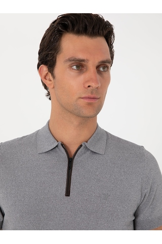 Gri Slim Fit Fermuarlı Polo Yaka Triko T-shirt