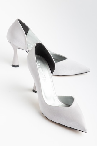 Büyük Beden Kadın İnce Topuklu Stiletto Gümüş Gri Parlak Saten Yan Açık-4670 Gri