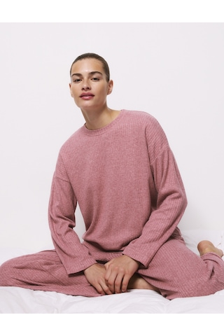 Marks & Spencer Fitilli Dokulu Bisiklet Yaka Uzun Kollu Pijama Üstü T37003666T Pembe