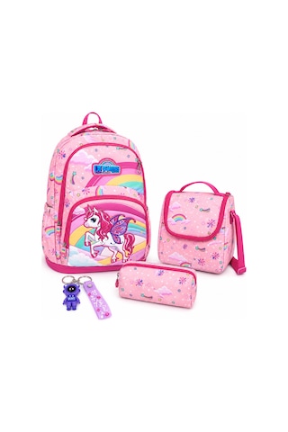 Denokids Unicorn Kız Çocuk İlkokul 4'lü Çanta Seti - Sırt Çantası Beslenme Çantası Kalem Kutusu Anahtarlık