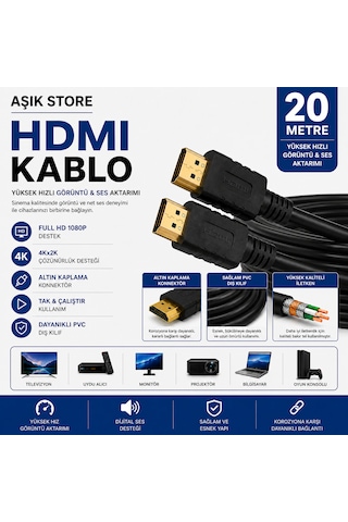 Hdmı Kablo 20 Metre Full Hd 1080p 4kx2k Yüksek Hızlı Görüntü Ve Ses Aktarım Kablosu Altın Kaplama Konnektör Pvc Dış Kılıf