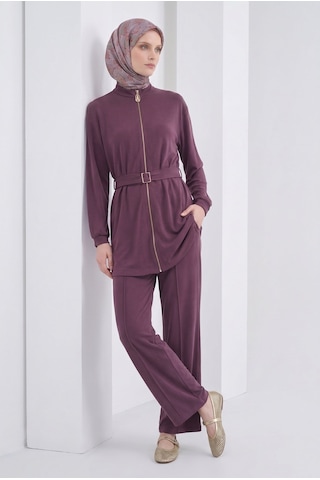 Armine Trend Boydan Fermuarlı Beli Kemerli Pantolonlu İkili Takım Mürdüm 26yt6138
