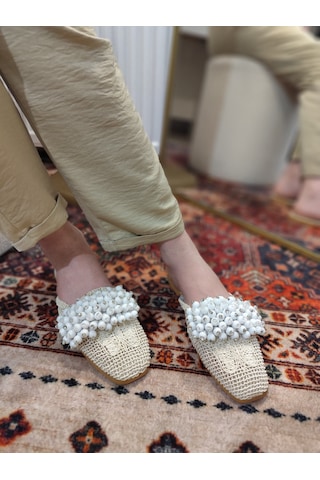 My Stil Moda Kadın Önü Kapalı Hasır Terlik Boncuk İşlemeli Çeyiz, Günlük, Misafir Ev Terliği Bej