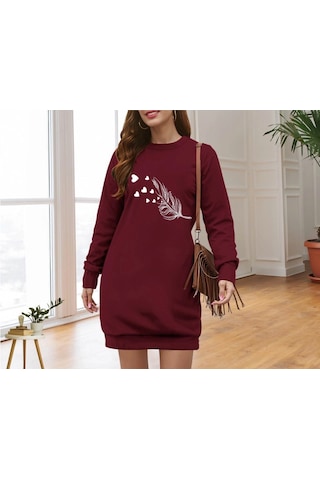Kadın Uzun Kollu Bisiklet Yaka Desenli Viskon Iki Iplik Elbise Bordo