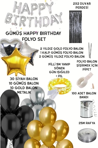 Gümüş Happy Birthday Folyo Balon Seti Siyah Gold Gümüş Doğum Günü Parti Seti Süsleri