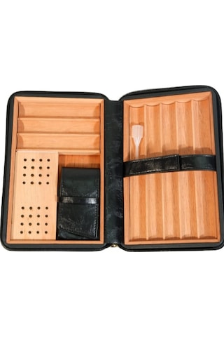 Cohiba Dahili Çakmak Siyah Deri Puro Taşıma Çantası & Seyahat Humidoru - Tr9768