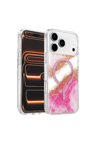 Onegif Apple iPhone Uyumlu 17 Pro Lotus Simli Magsafe Kapak - Pembe