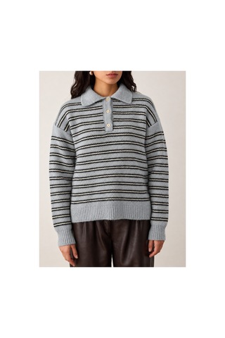 Maison Velora Kadın Mavi Siyah Çizgili Basic Oversize Polo Yaka Yarım Pat Düğmeli Triko Kazak-27aj002 Mavi 923050279 Mavi