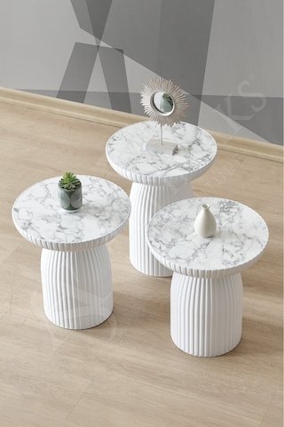 Diamond 3'lü Sehpa, Yan Sehpa, Zigon Sehpa - Beyaz & Beyaz Mermer Desenli Tabla Beyaz & Beyaz Mermer Desenli