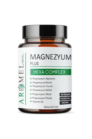 Aromel Magnezyum Plus, Hexa Complex 60 Kapsül Magnezyum, Biglisinat, Klorür, Taurat, Sülfat, Sitrat, Malat