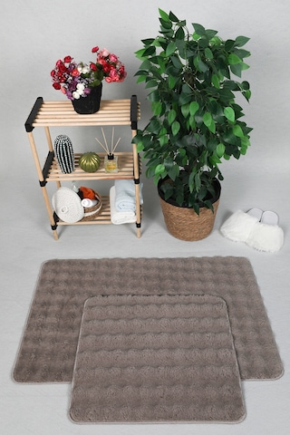 Modern Bubble Yıkanabilir Kaymaz Peluş Banyo Paspası Halısı 2'li Klozet Takımı 60x100-50x60cm Vizon Vizon
