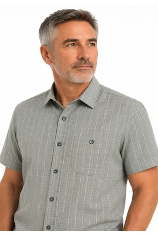 Beyome Erkek Pamuk Kısa Kollu Regular Fit Tek Cepli Gömlek Yazlık Rahat Günlük Gri