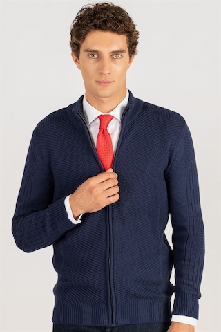 Tudors Erkek Slim Fit Kendinden Desenli Lacivert Hırka-23219 Lacivert
