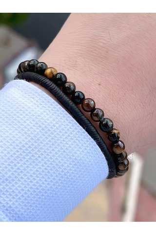 Nursaat Doğal Taş Özel Kombin Kaplan Gözü Ve Karlı Obsidyen Taşı Doğal Unisex Bileklik Blkt.ns07 2 Adet Çok Renkli