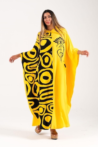 Kadın Sarı Sıfır Yaka Desen Garnili Nakışlı Cepli Oversize Uzun Elbise - Sarı
