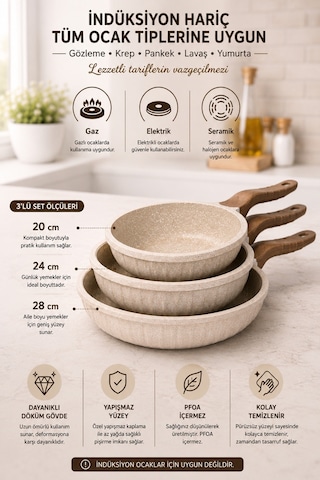 Line 3 Parça Döküm Tava Set 20/24/28 Cm Yapışmaz Cappucıno