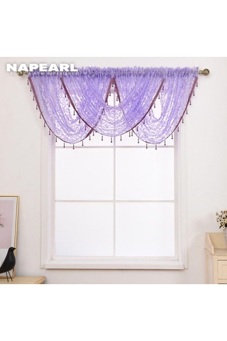 Krem 1 Pc Napearl Modern Boncuklu Jakarlı Perde Valance Tasarım Pencere Dekoratif Perde Çiçek Tül Perde Krem